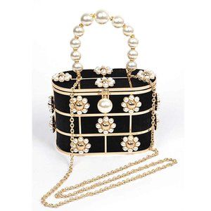 BNWT Brand New Faux Pearl Flower Iconic Cage Top Handle Clutch
